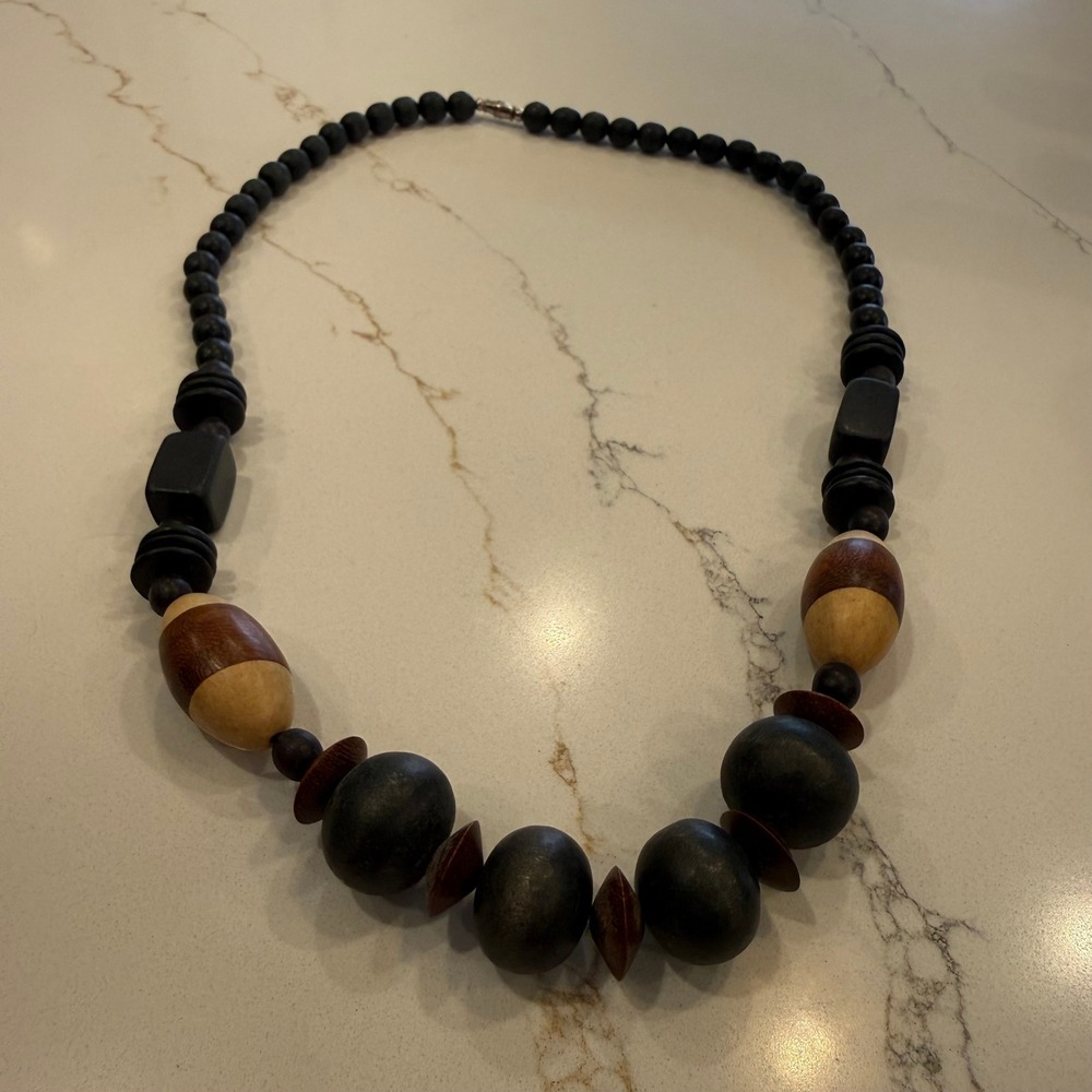 Boho Modernist Wooden Bead Necklace Black Brown Cream Chunky Statement